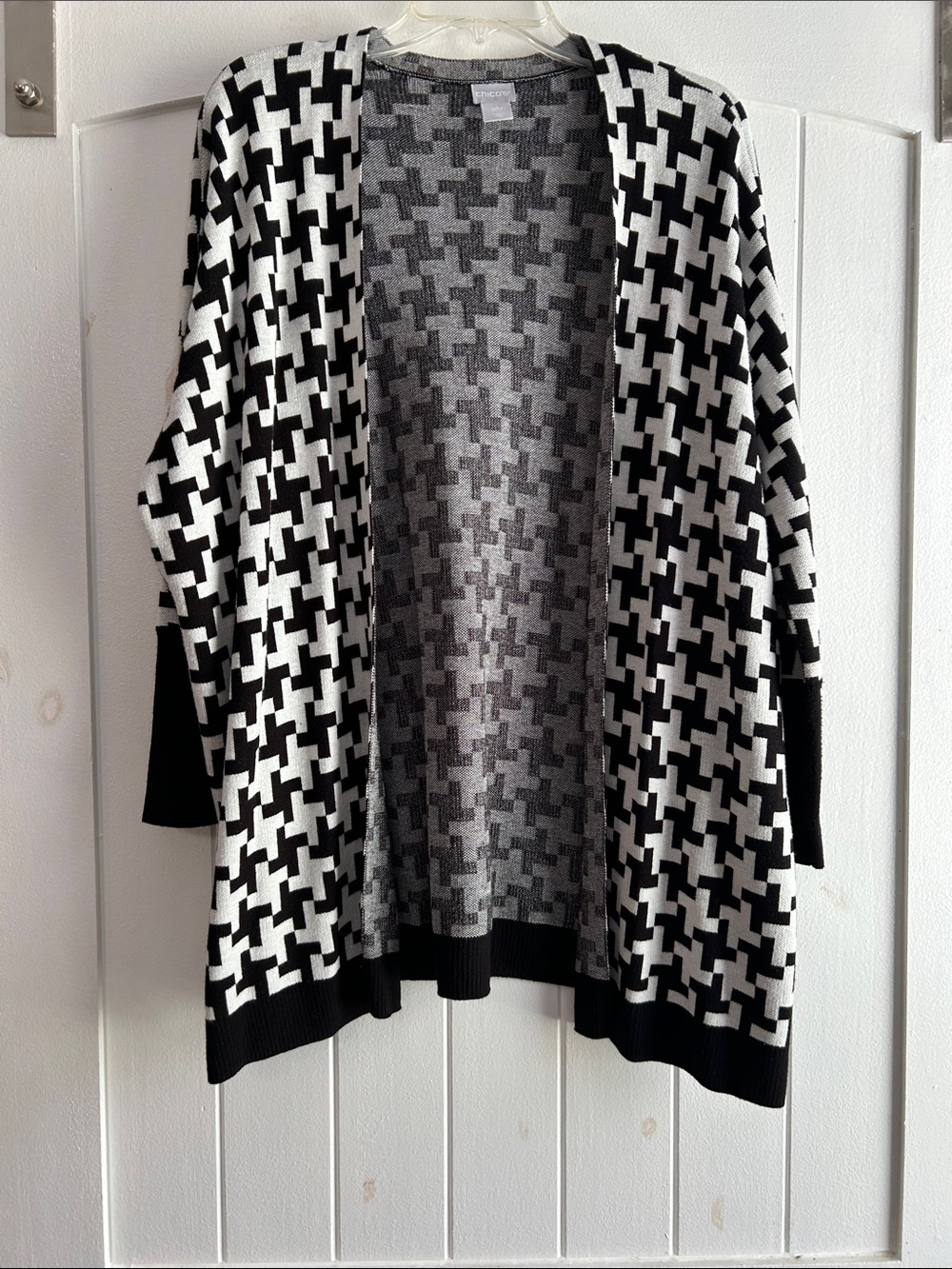 Chico's Black and White Houndstooth Open-Front Cardigan